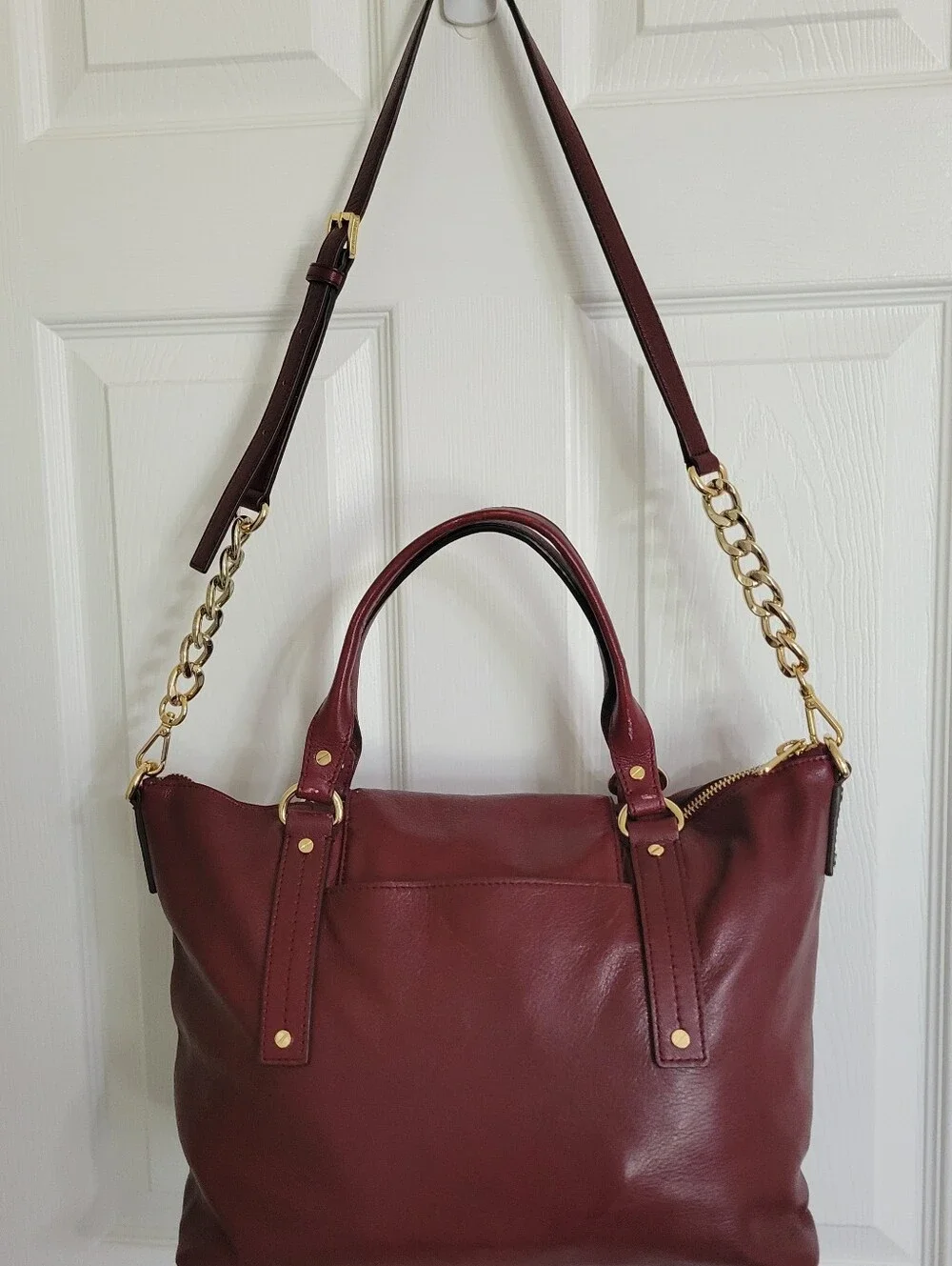 Michael Kors Leather Hamilton Satchel Bag in Burgundy with Gold Hardware